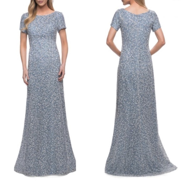 NWT La Femme 29134 Embroidered Embellished Short Sleeve Gown in Steel Blue Sz. 6